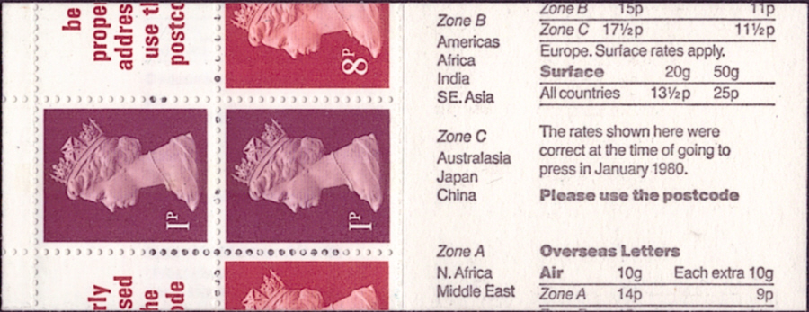 (image for) FA11 / DB6(11) Gross Miscut Jumelle London 1980 10p Folded Booklet. 8p stamps at left & right.